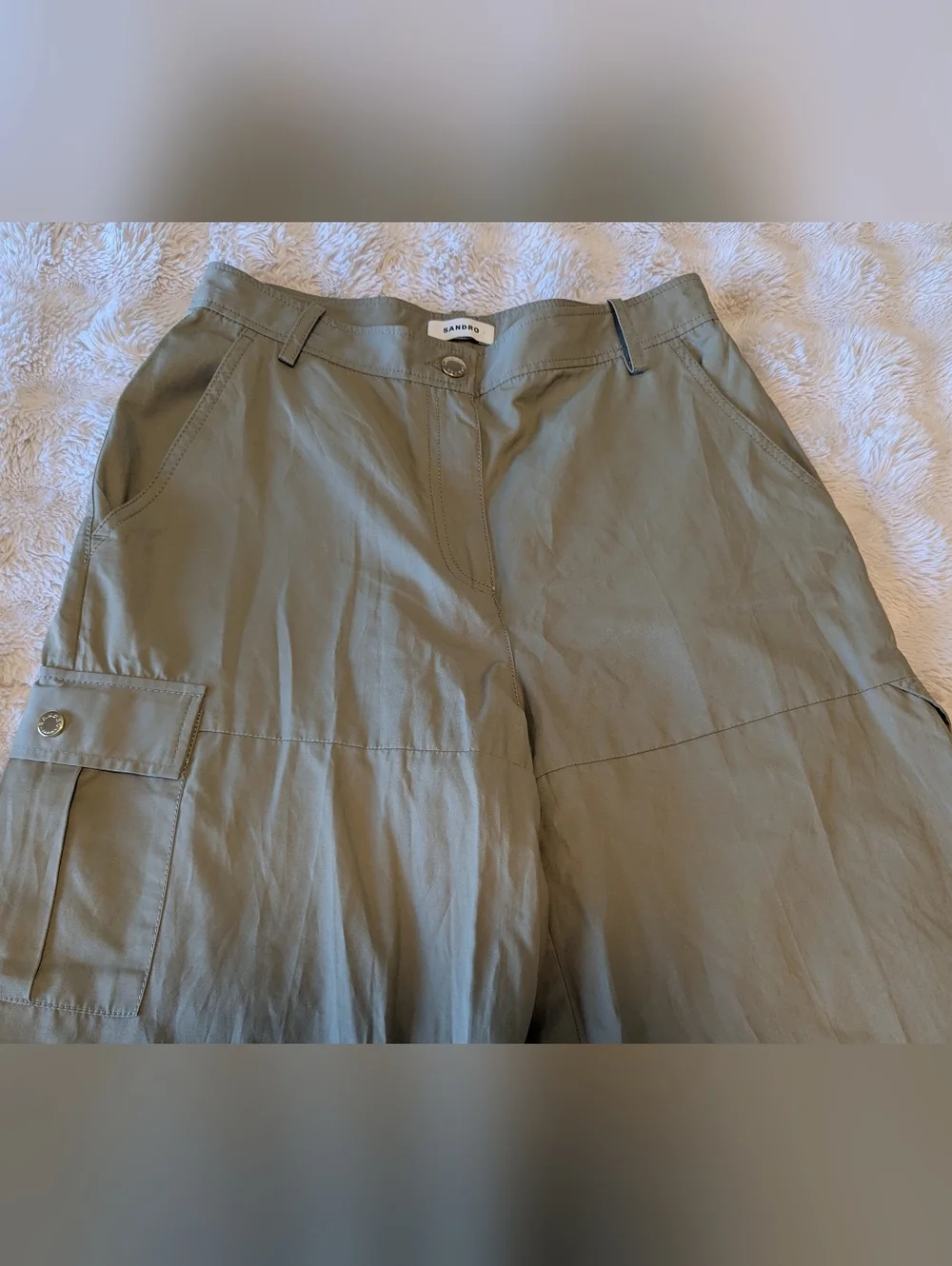 Sandro Olive Green Wide Leg Cargo Pants High Rise Lightweight Chic - Picture 4 of 9